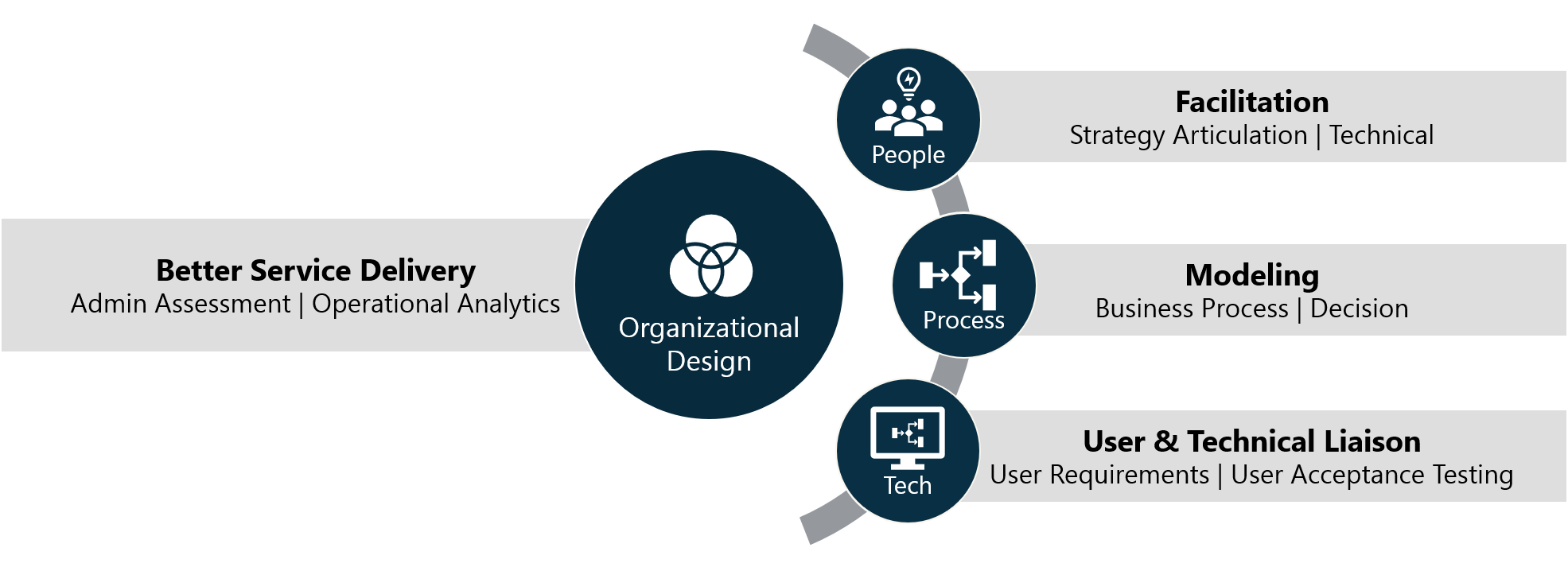 Organizational Design: Better Service Delivery - Admin Assessment | Operational Analytics. People: Facilitation - Strategy Articulation | Technical. Process: Modeling - Business Process | Decision. Tech: User & Technical Liaison - User Requirements | User Acceptance Testing